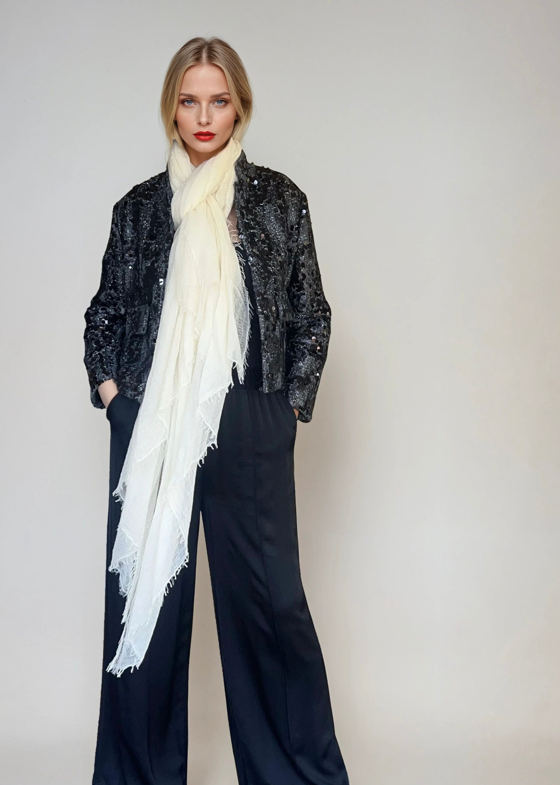 Person wearing a black sequin jacket, white cashmere scarf, and dark pants on a plain background