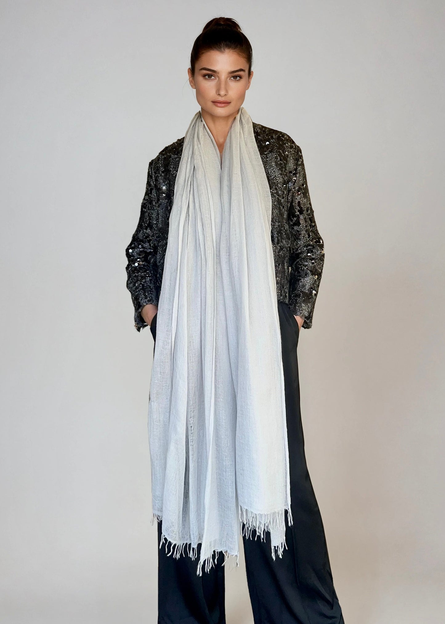 Premium Light Grey Pure Cashmere Wrap - Handwoven Himalayan Luxury Scarf