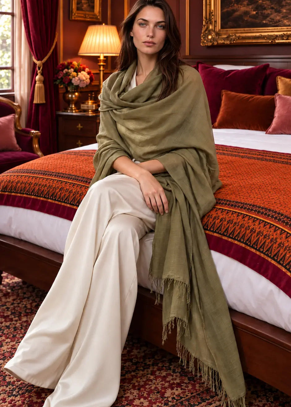 Olive Green Handwoven Cashmere Wrap | 100% Pure Himalayan Cashmere