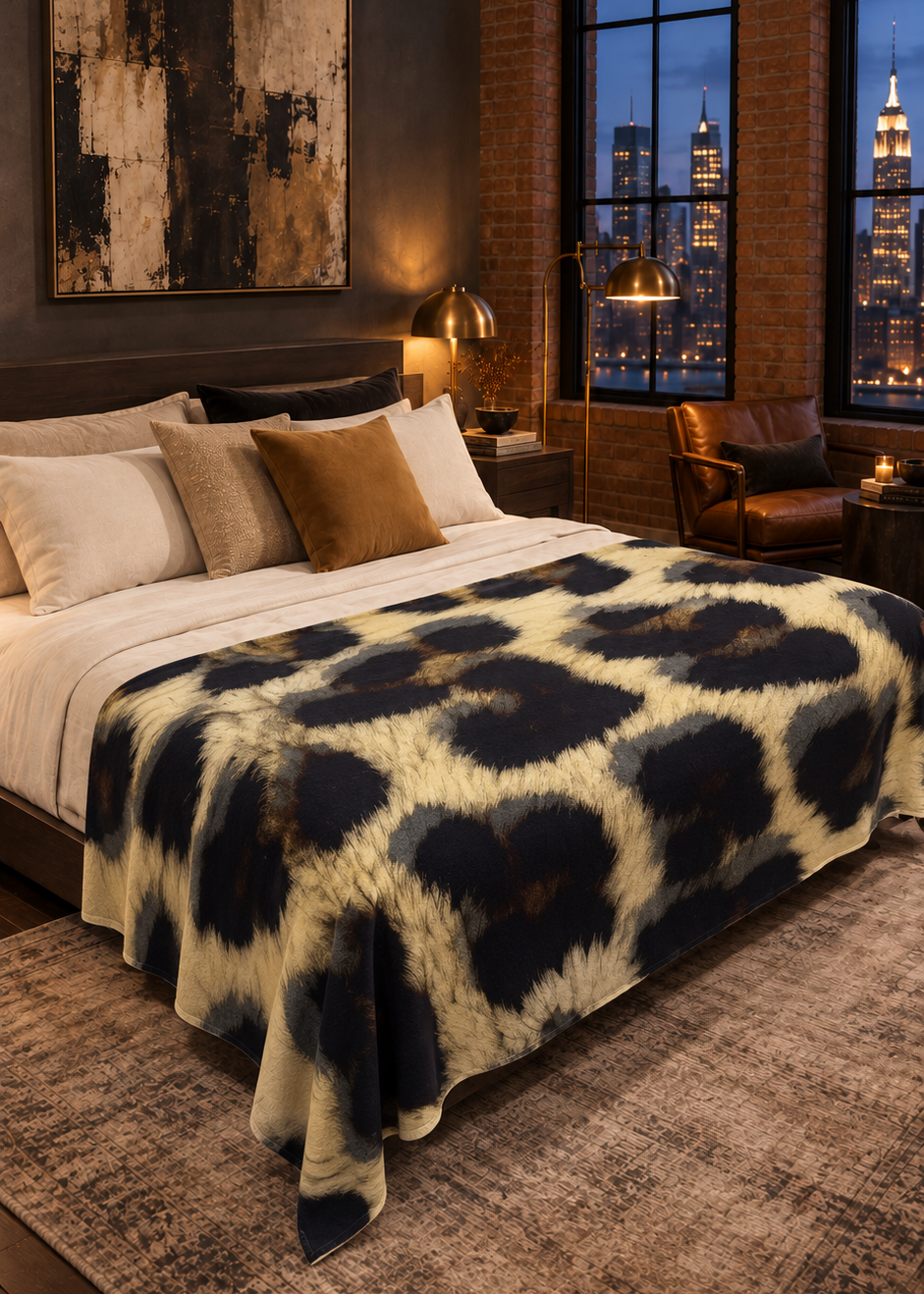 Snow Leopard Print Cashmere & Wool Bed Throw