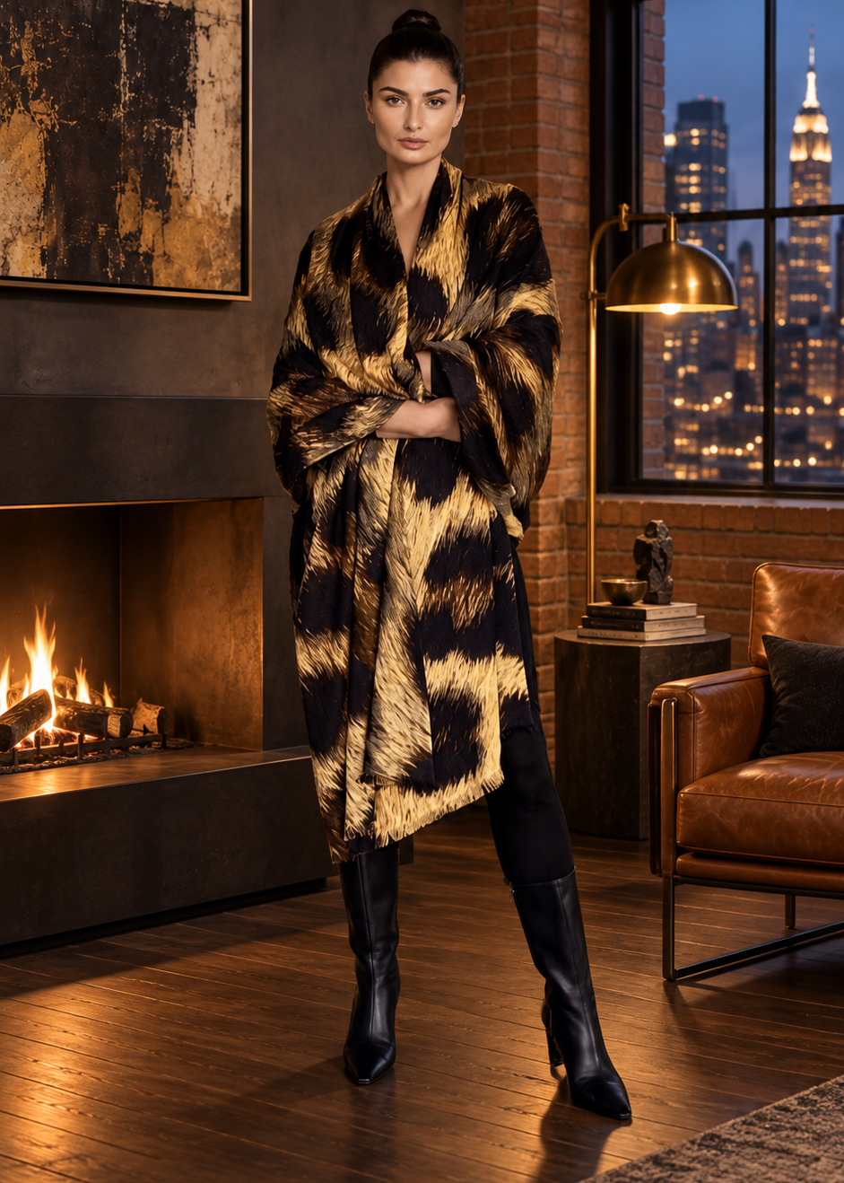 Premium Brown Leopard Travel Wrap - Designer Animal Print Luxury Cashmere