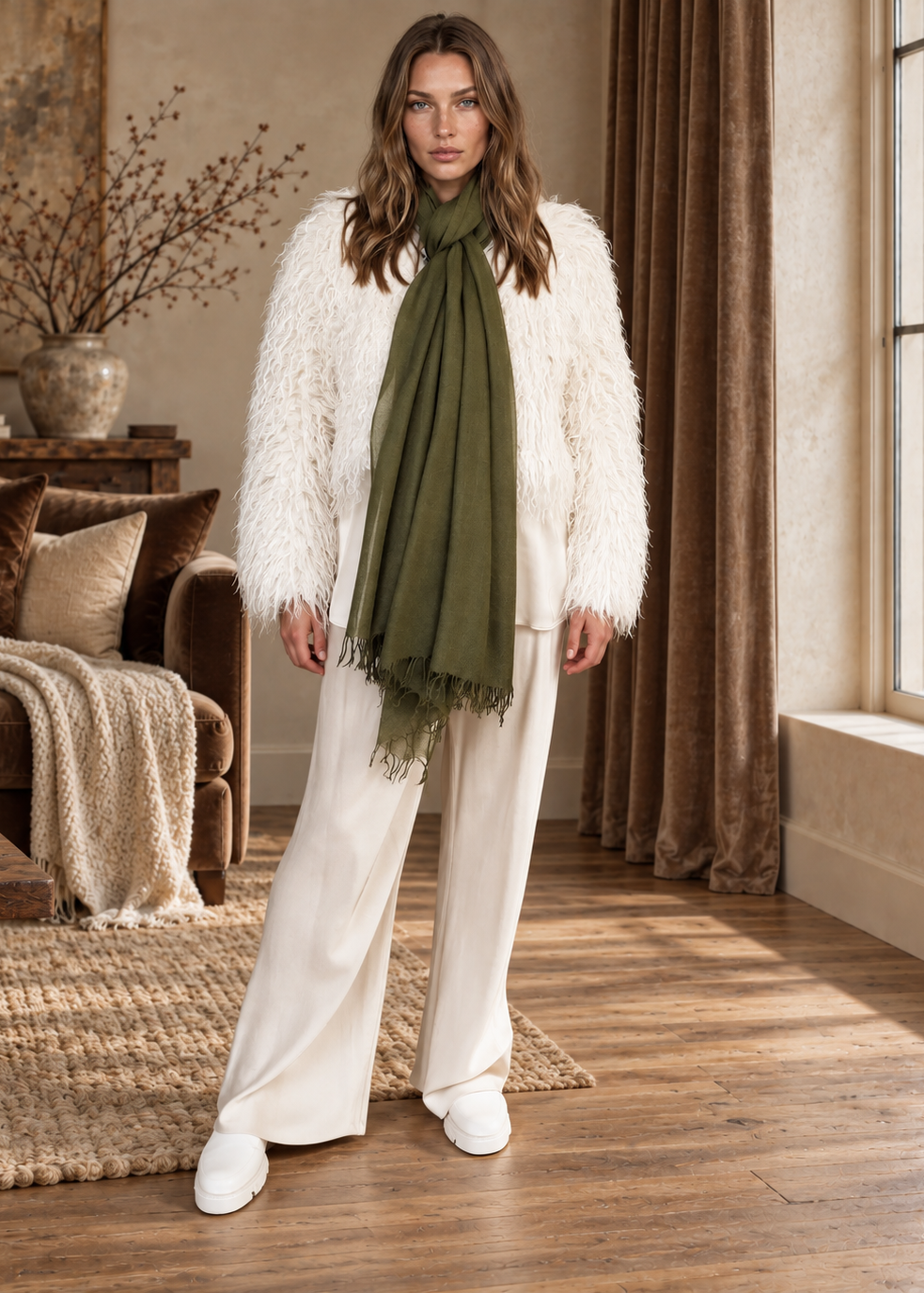 Olive Green Handwoven Cashmere Wrap | 100% Pure Himalayan Cashmere