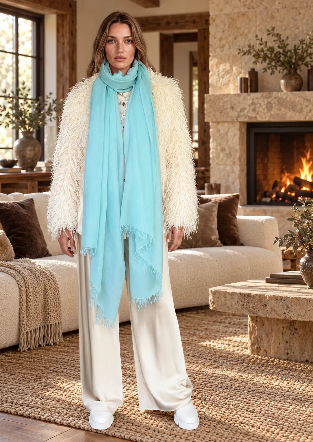 Premium Opal Blue Cashmere Wrap - Handwoven Himalayan Luxury Scarf