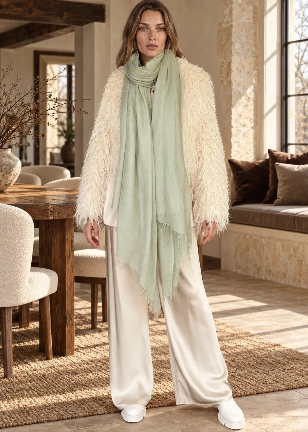 Premium Celadon Pure Cashmere Wrap - Handwoven Himalayan Luxury Scarf