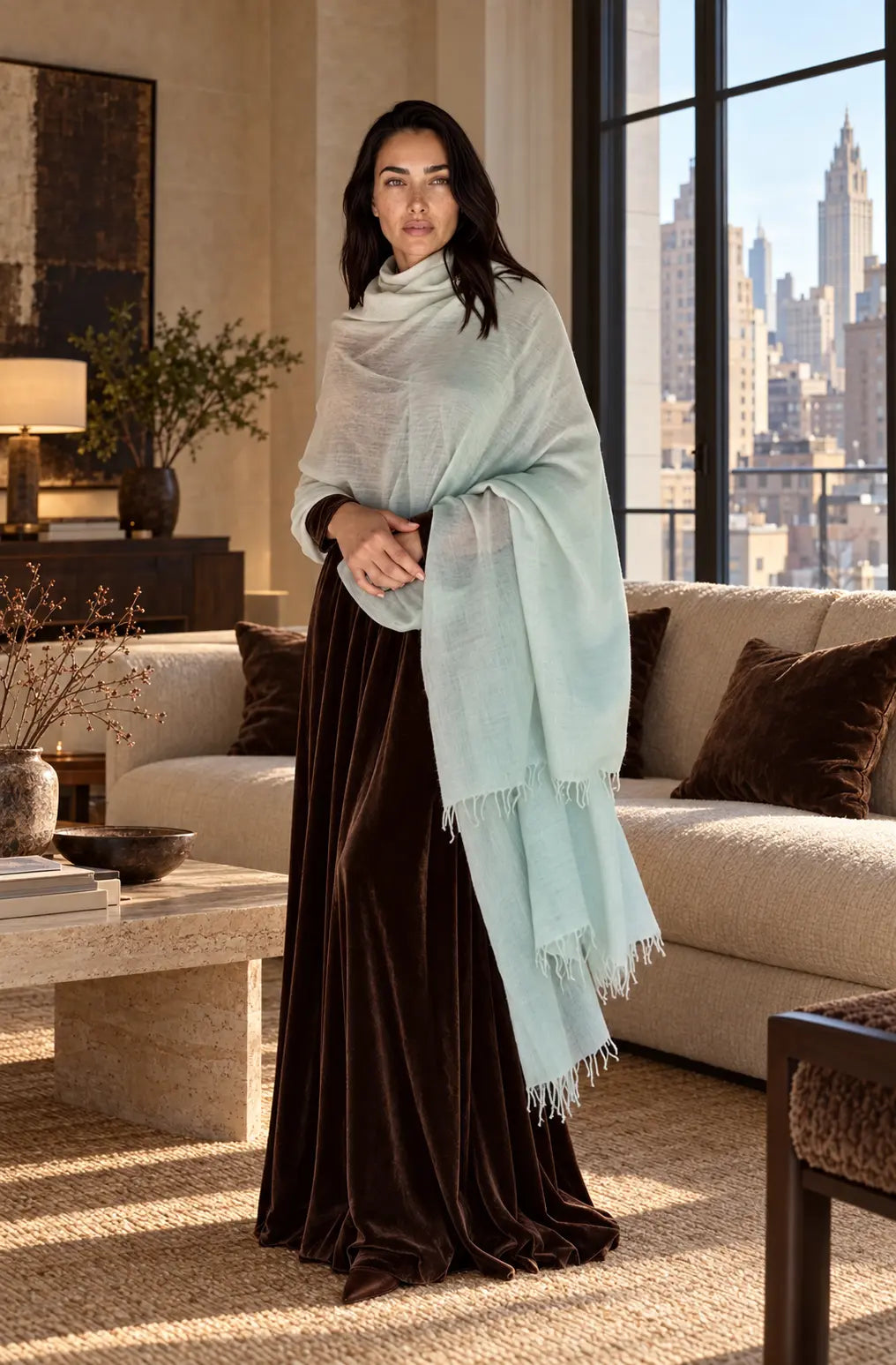 Premium Celadon Pure Cashmere Wrap - Handwoven Himalayan Luxury Scarf