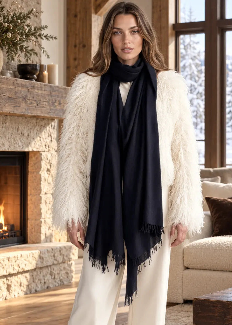 Premium Black Pure Cashmere Wrap - Handwoven Himalayan Luxury Scarf