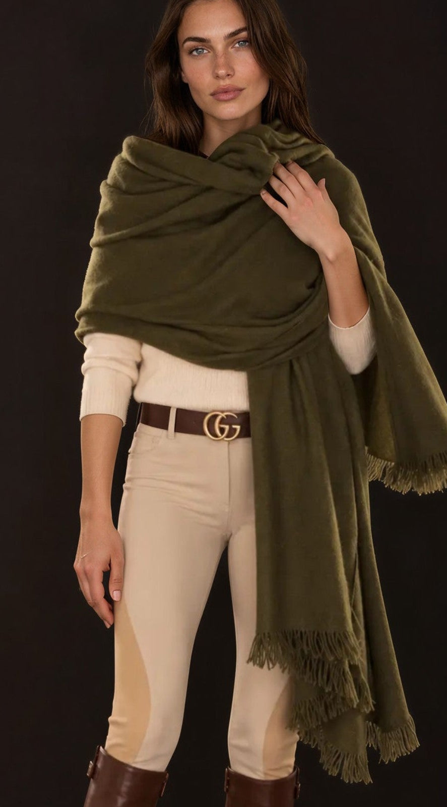 Olive Green Handwoven Pure Cashmere Wrap Heavy Weight