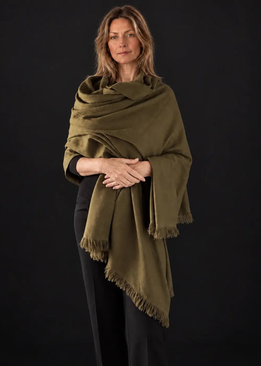 Olive Green Handwoven Pure Cashmere Wrap Heavy Weight