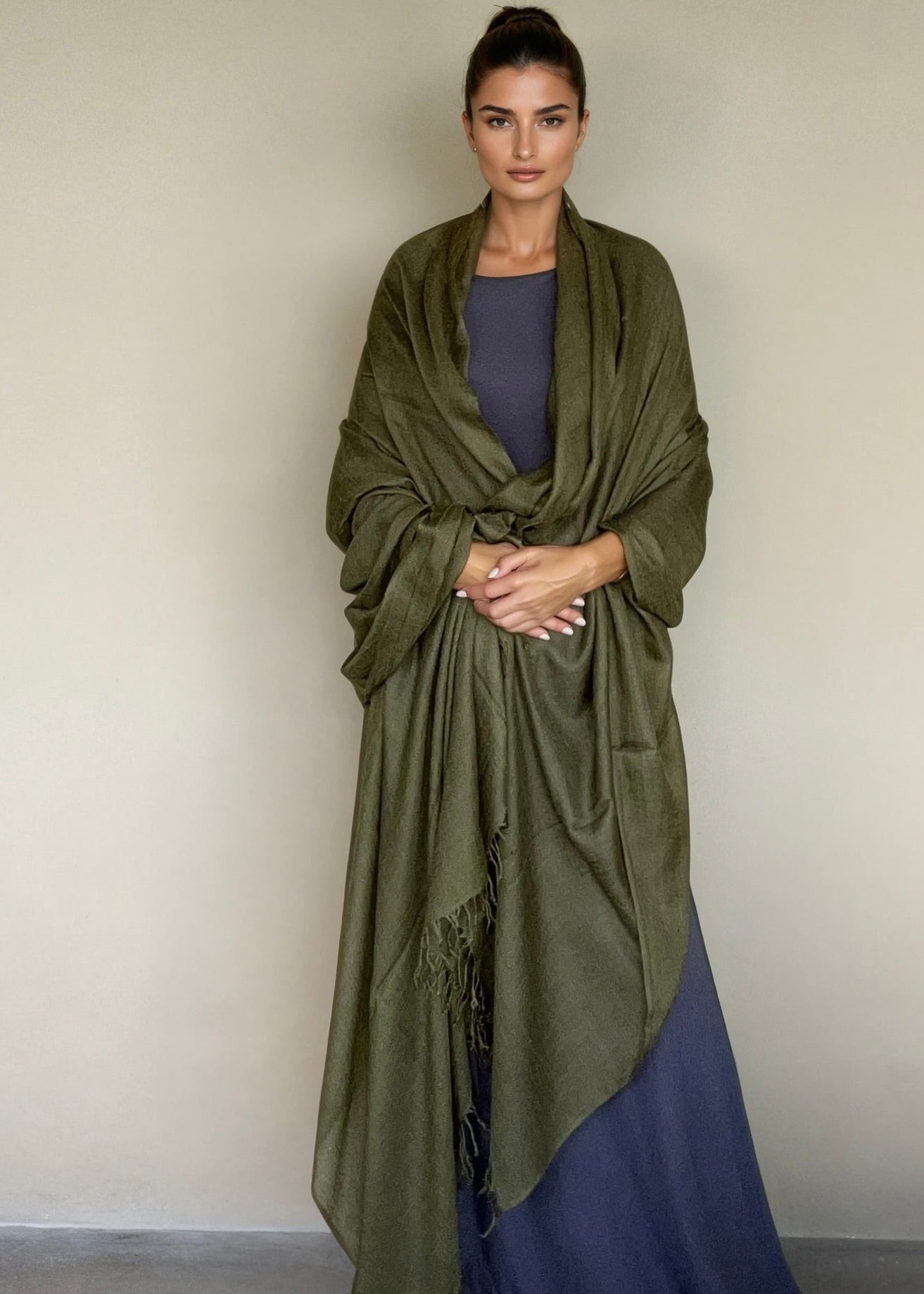 Olive Green Handloom Cashmere Wrap - Luxury Scarf | Cashmere Luxe
