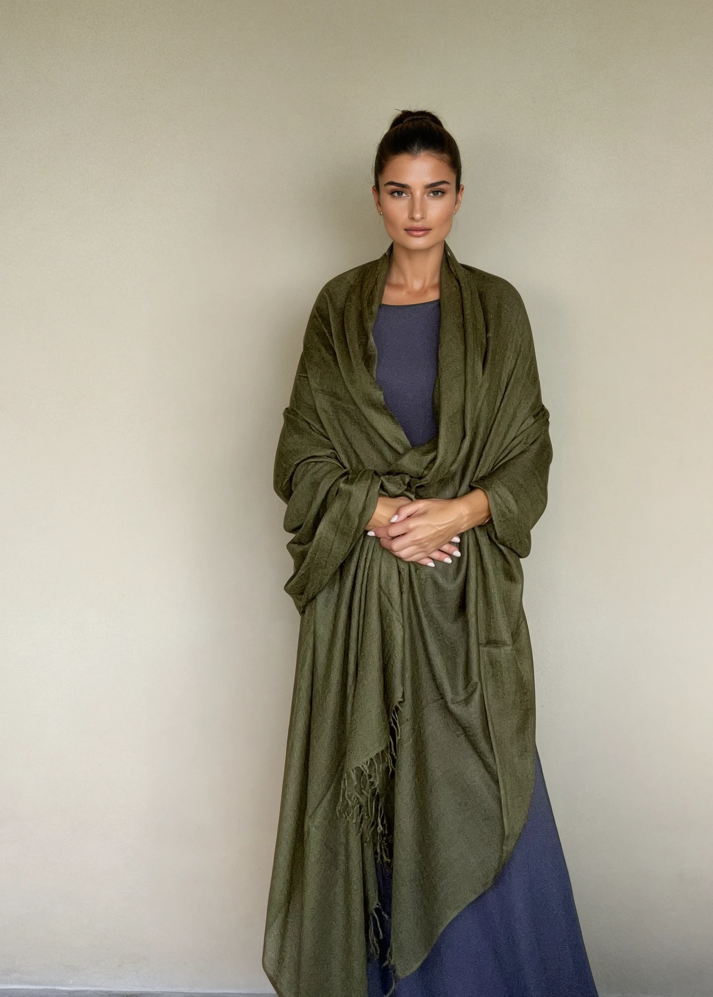 Olive Green Handloom Cashmere Wrap - Luxury Scarf | Cashmere Luxe