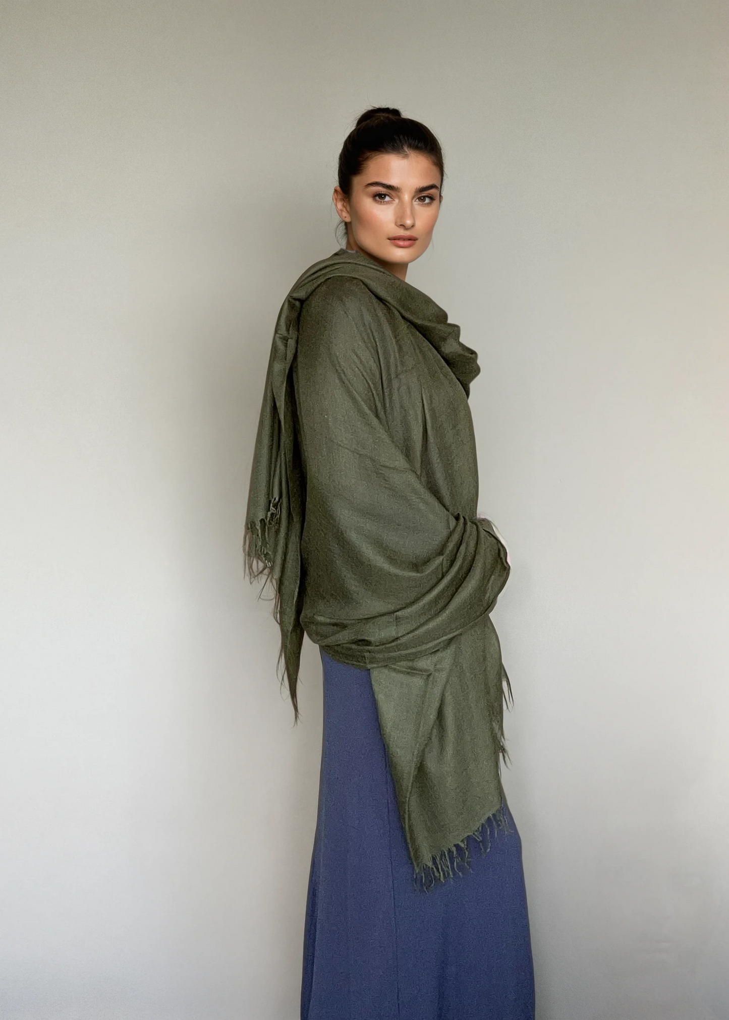 Olive Green Handloom Cashmere Wrap - Luxury Scarf | Cashmere Luxe