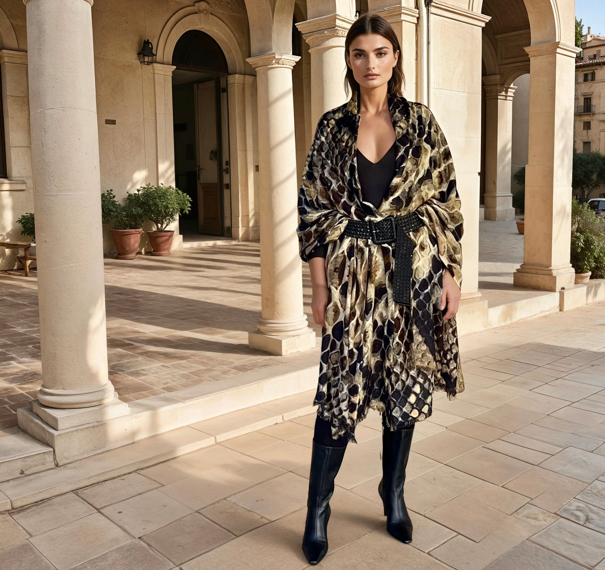 "Woman wearing cashmere wool, extra large wrap with snake print pattern showing luxury animal print design"