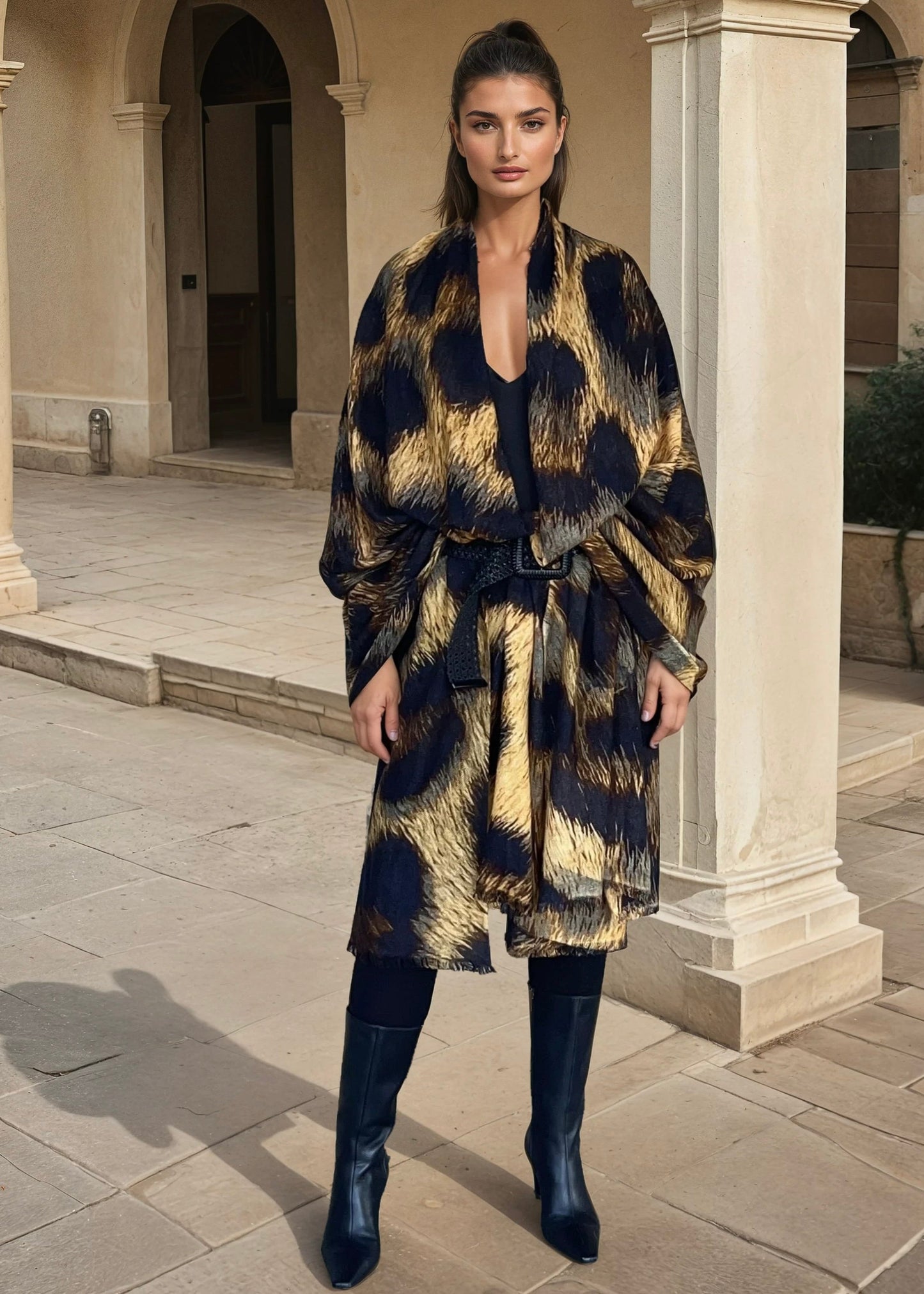 "Woman wearing cashmere wool extra large wrap with snake print pattern showing luxury animal print design"
