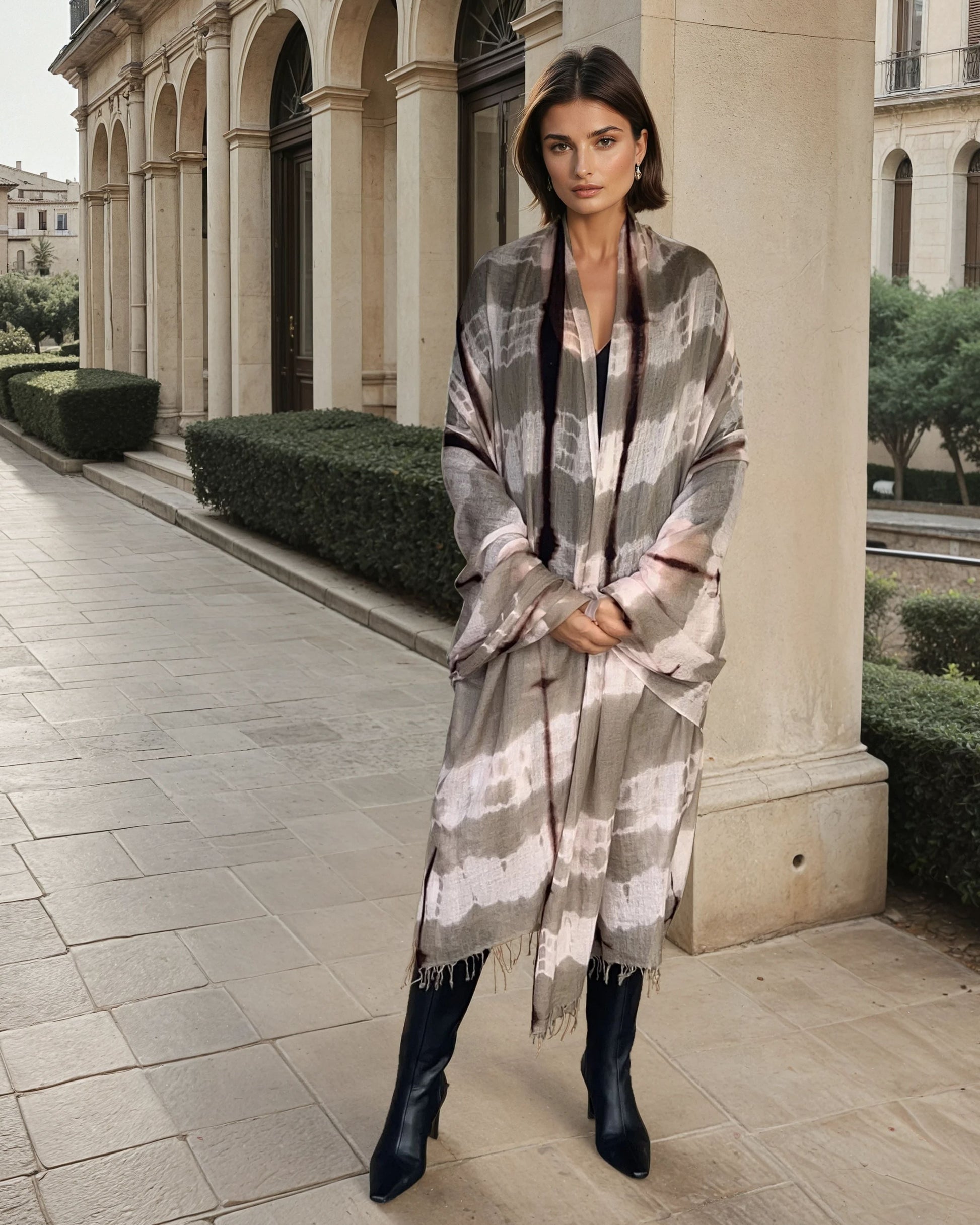 "Woman wearing limited edition hand tie-dyed extra large cashmere wrap in soft pink, taupe and brown showing unique color patterns"