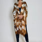 Image of woman wearing limited edition hand tie-dyed cashmere wrap in bronze, white and brown showing unique color patterns"