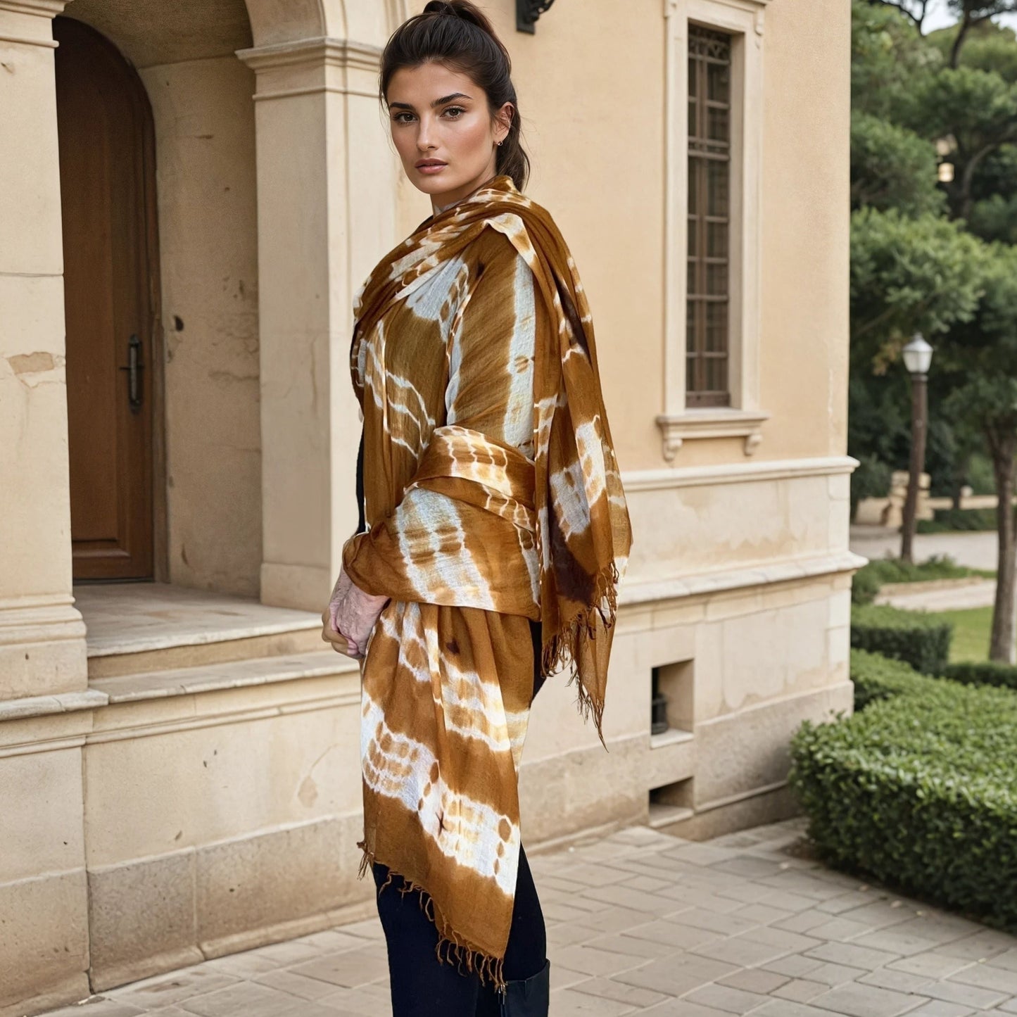 Image of woman wearing limited edition , extra large, hand tie-dyed cashmere shawl in bronze, white and brown showing unique color patterns"