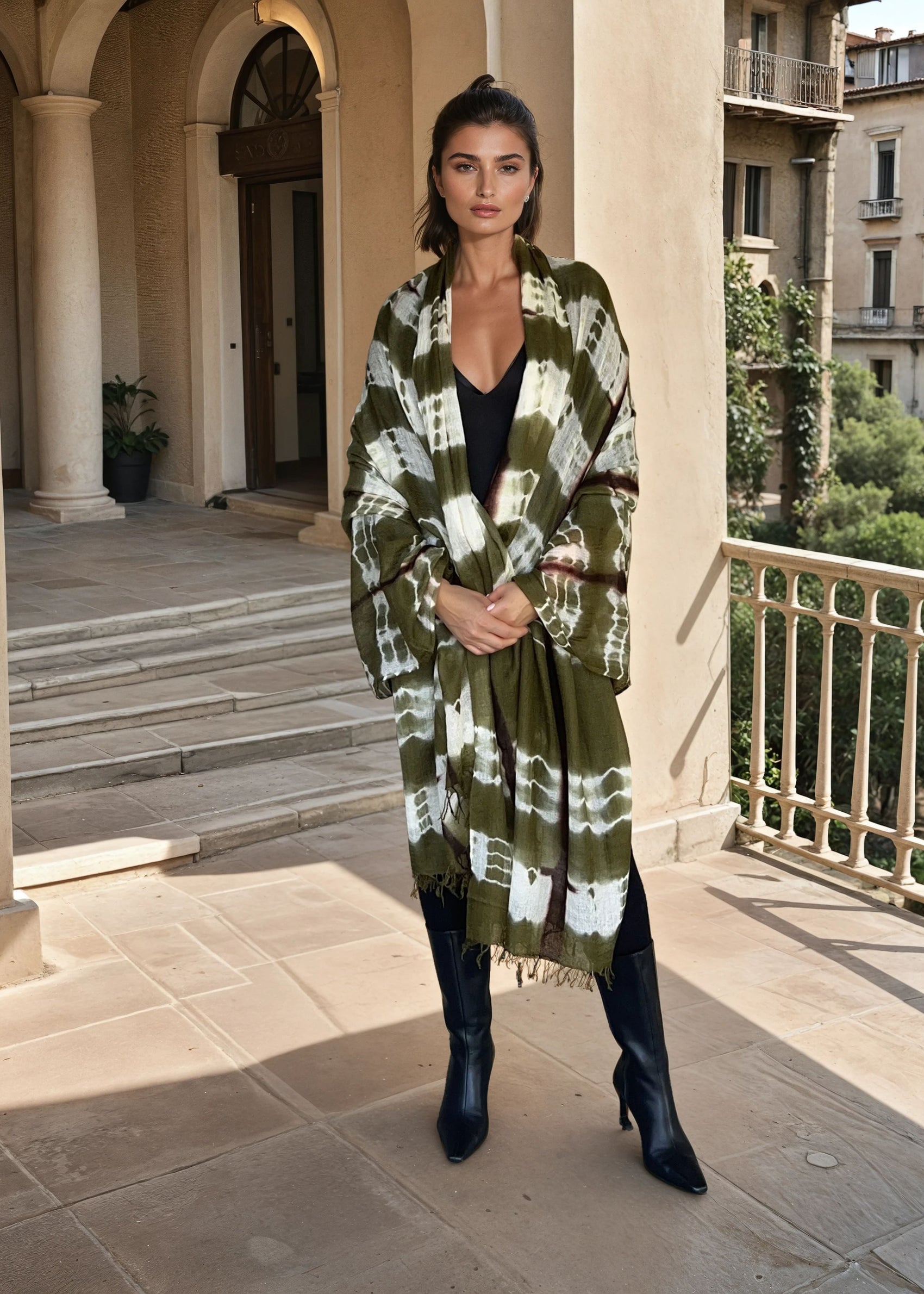 Forest Green, Brown & White Cashmere Wrap | Hand-loomed Luxury Scarf | Limited Edition
