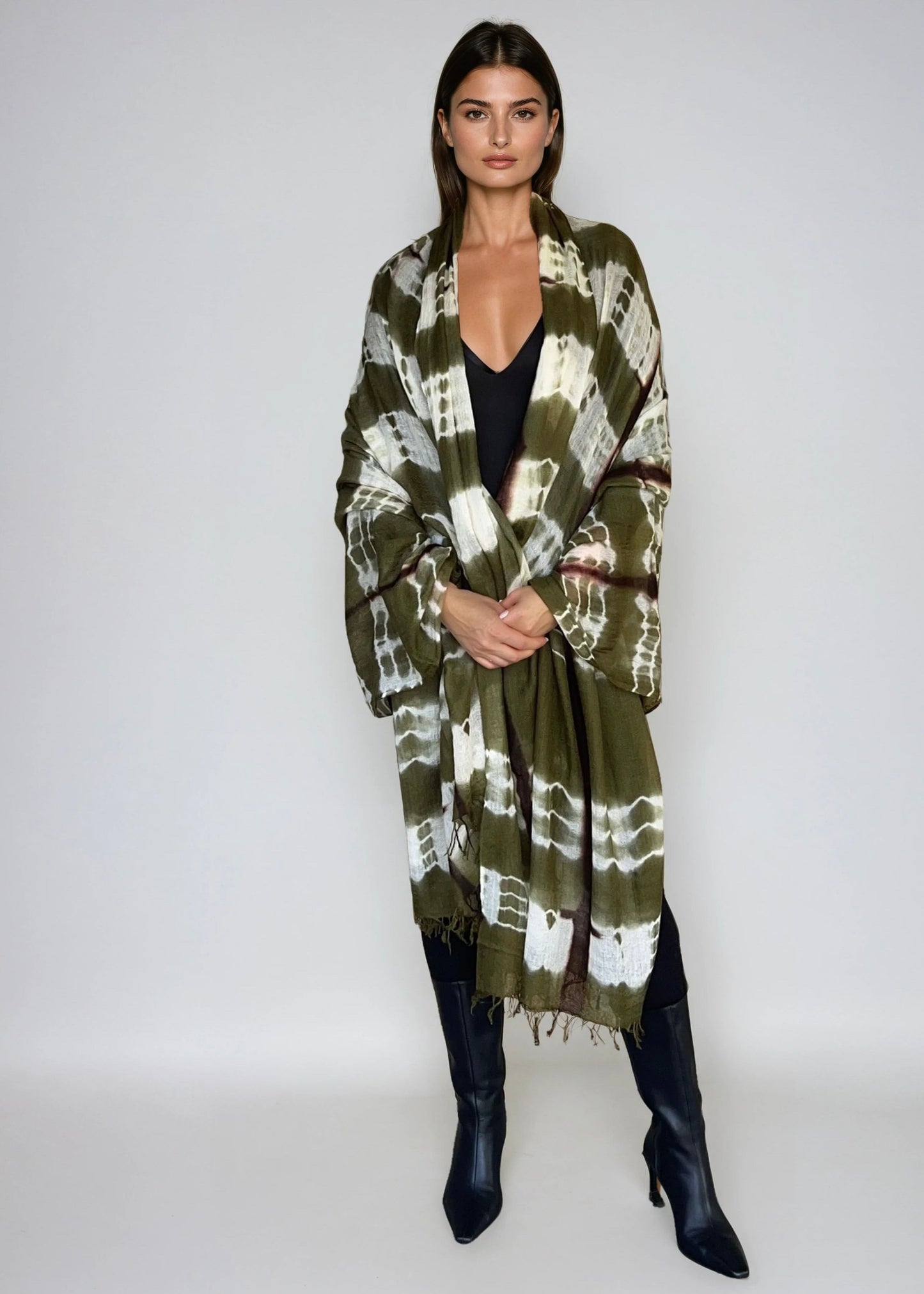 Forest Green, Brown & White Cashmere Wrap | Hand-loomed Luxury Scarf | Limited Edition