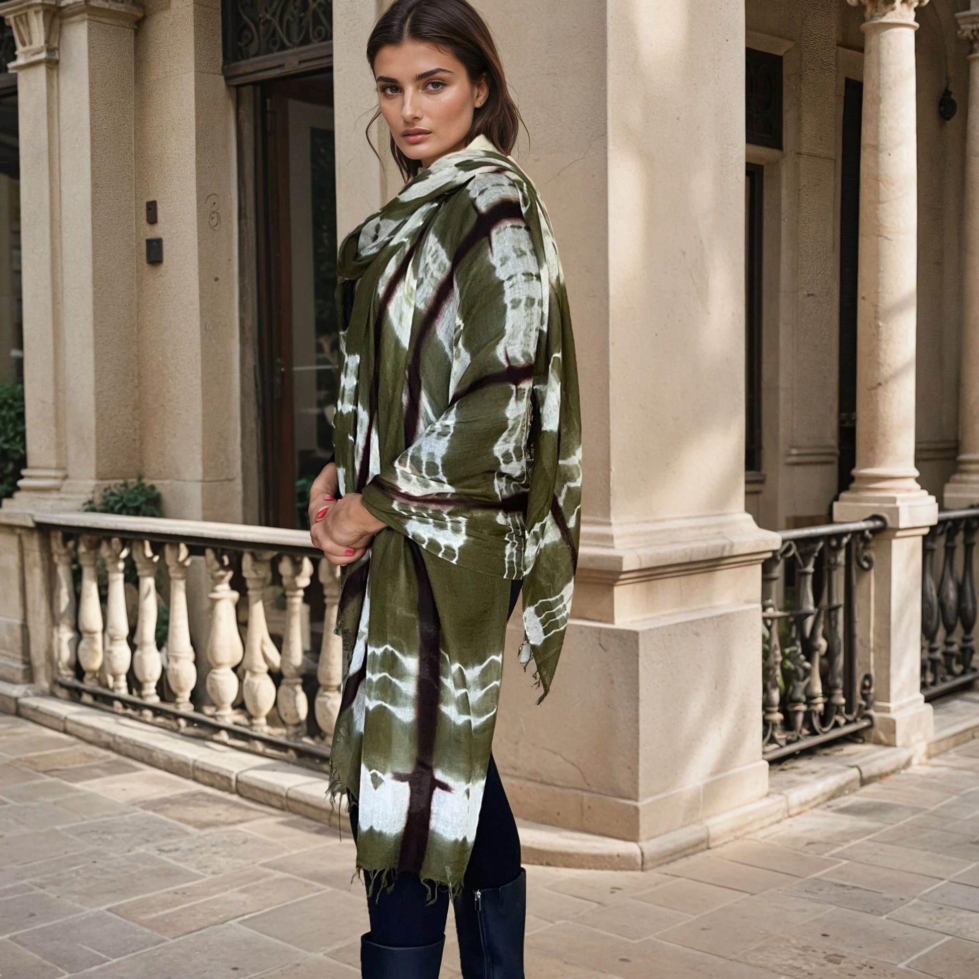 "Woman wearing limited edition hand tie-dyed, extra large cashmere wrap in  forest green, white and brown showing unique color patterns"
