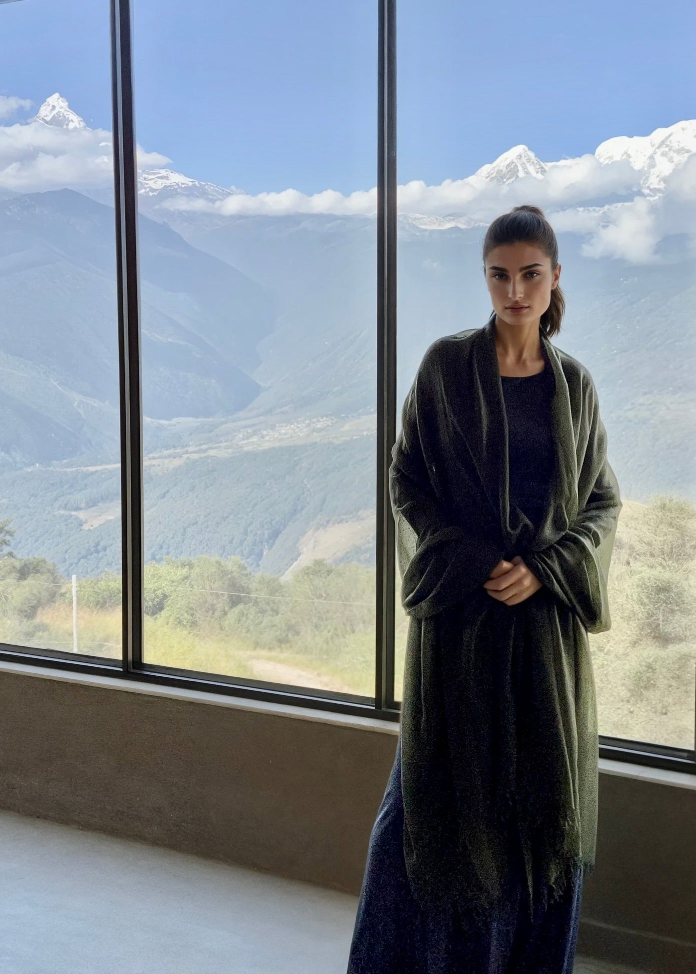 Olive Green Handloom Cashmere Wrap - Luxury Scarf | Cashmere Luxe