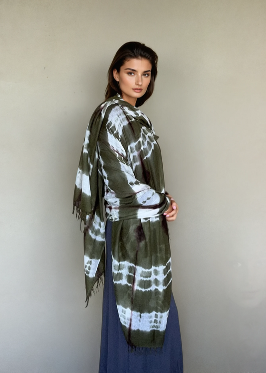 Forest Green, Brown & White Cashmere Wrap | Hand-loomed Luxury Scarf | Limited Edition