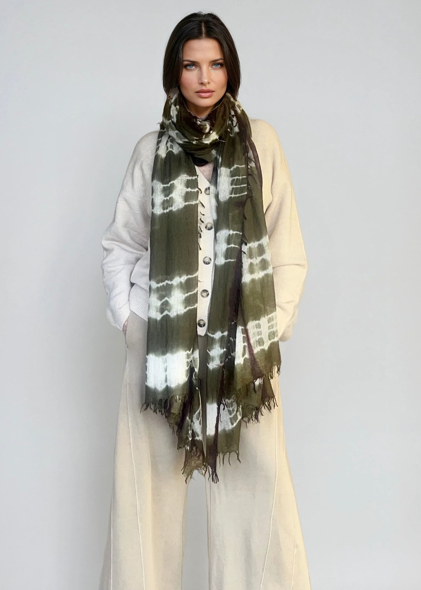 Forest Green, Brown & White Cashmere Wrap | Hand-loomed Luxury Scarf | Limited Edition