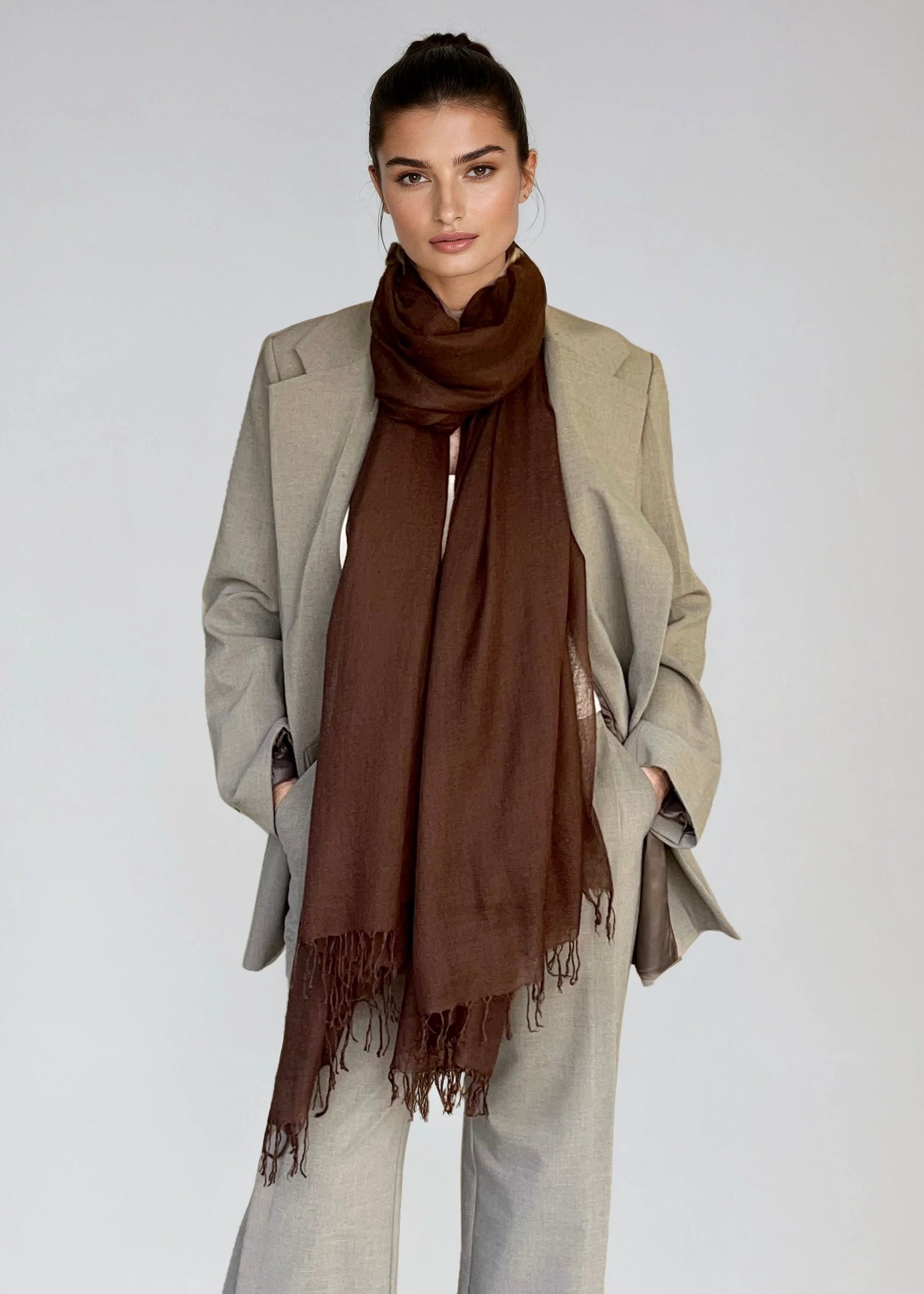 Premium Earth Brown Handloom Cashmere Wrap - Luxury Designer Shawl