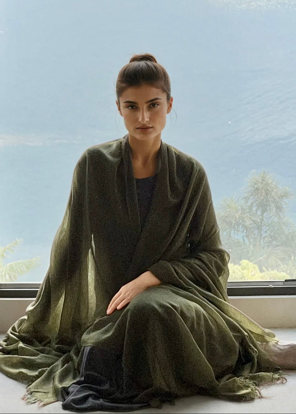 Olive Green Handloom Cashmere Wrap - Luxury Scarf | Cashmere Luxe