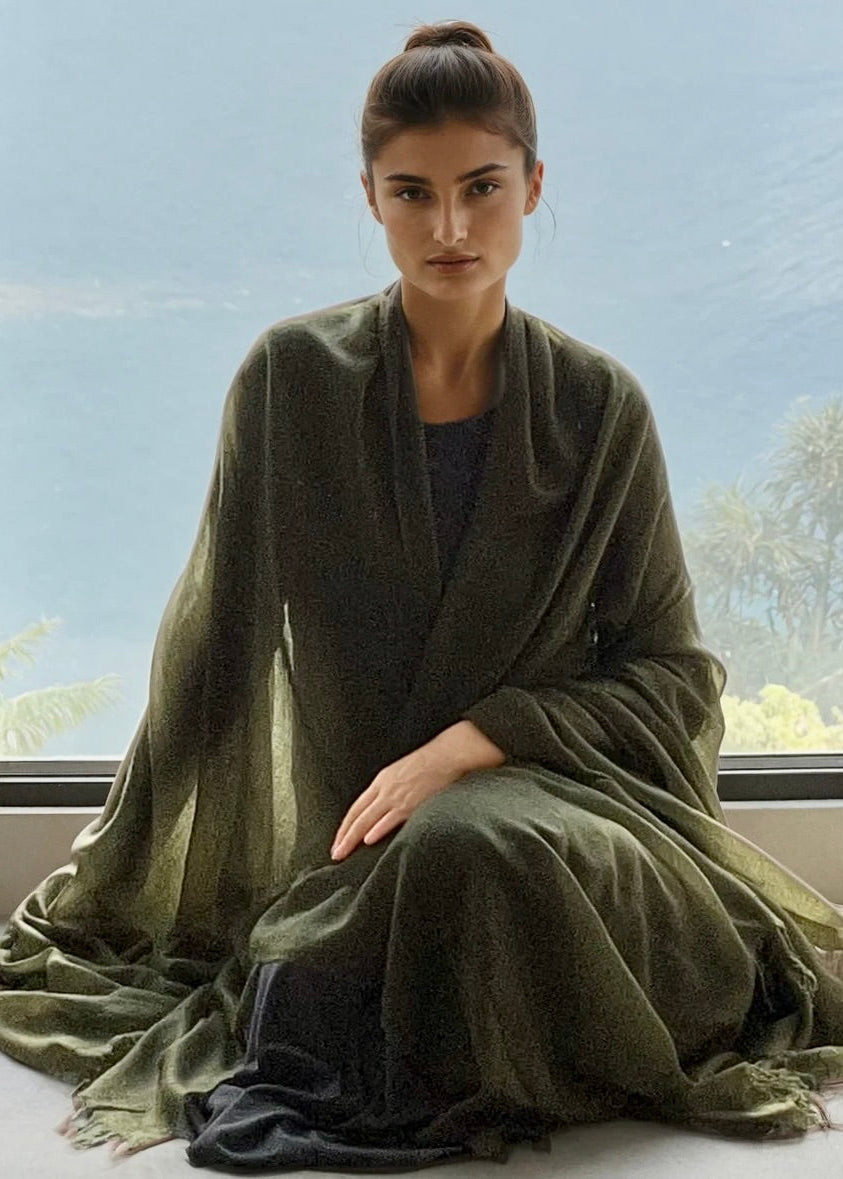 Olive Green Handloom Cashmere Wrap - Luxury Scarf | Cashmere Luxe