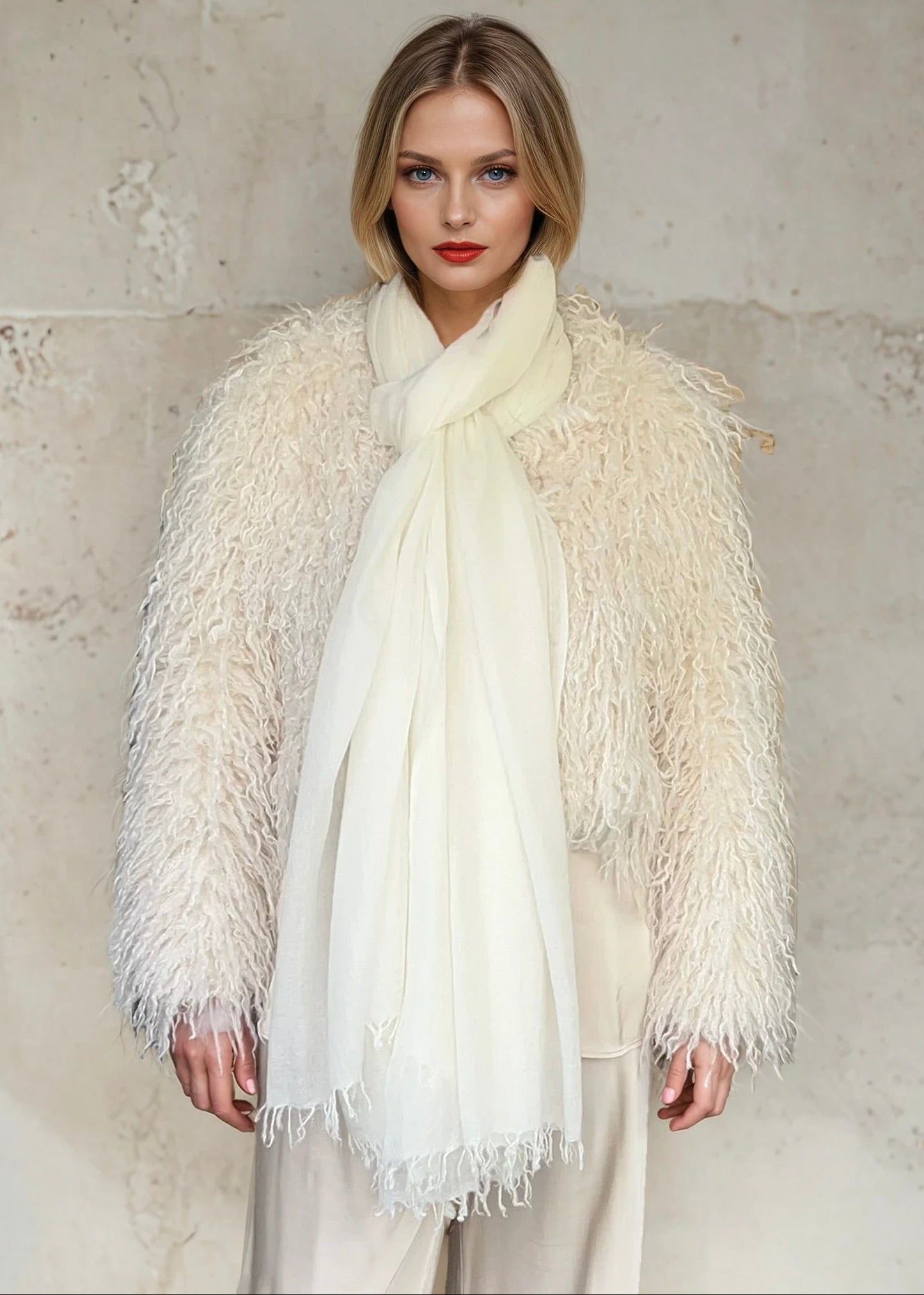 وشاح من الكشمير الأبيض الخالص | وشاح فاخر منسوج يدويًا