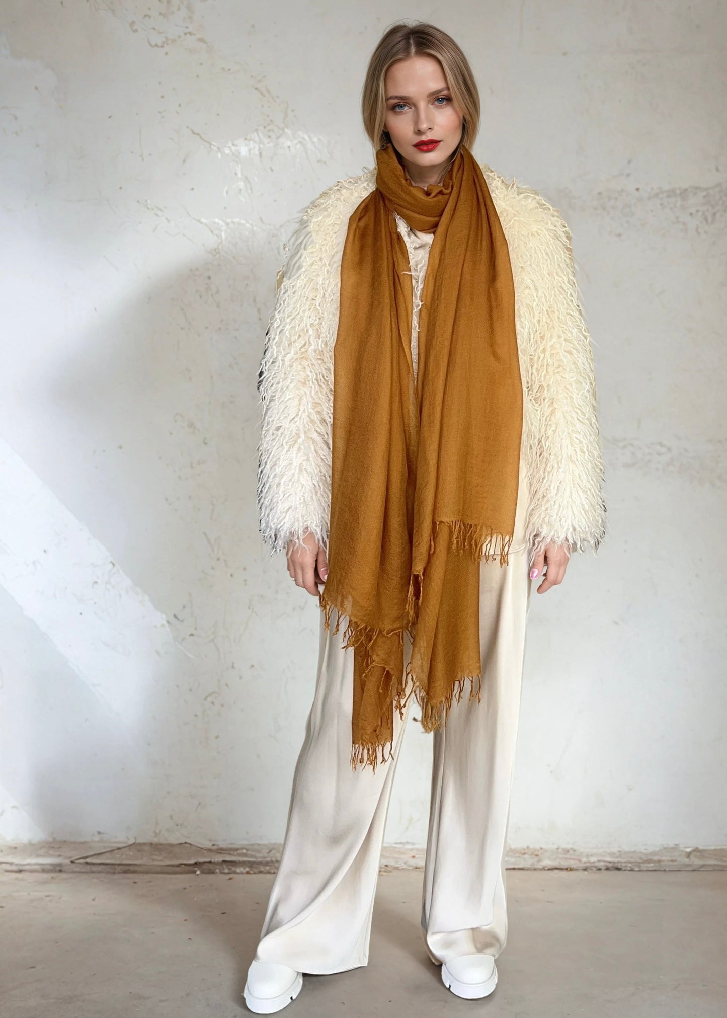 Premium Burnt Bronze Handloom Cashmere Wrap - Luxury Designer Scarf