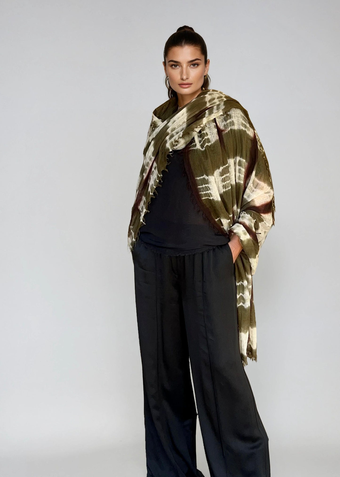 Forest Green, Brown & White Cashmere Wrap | Hand-loomed Luxury Scarf | Limited Edition