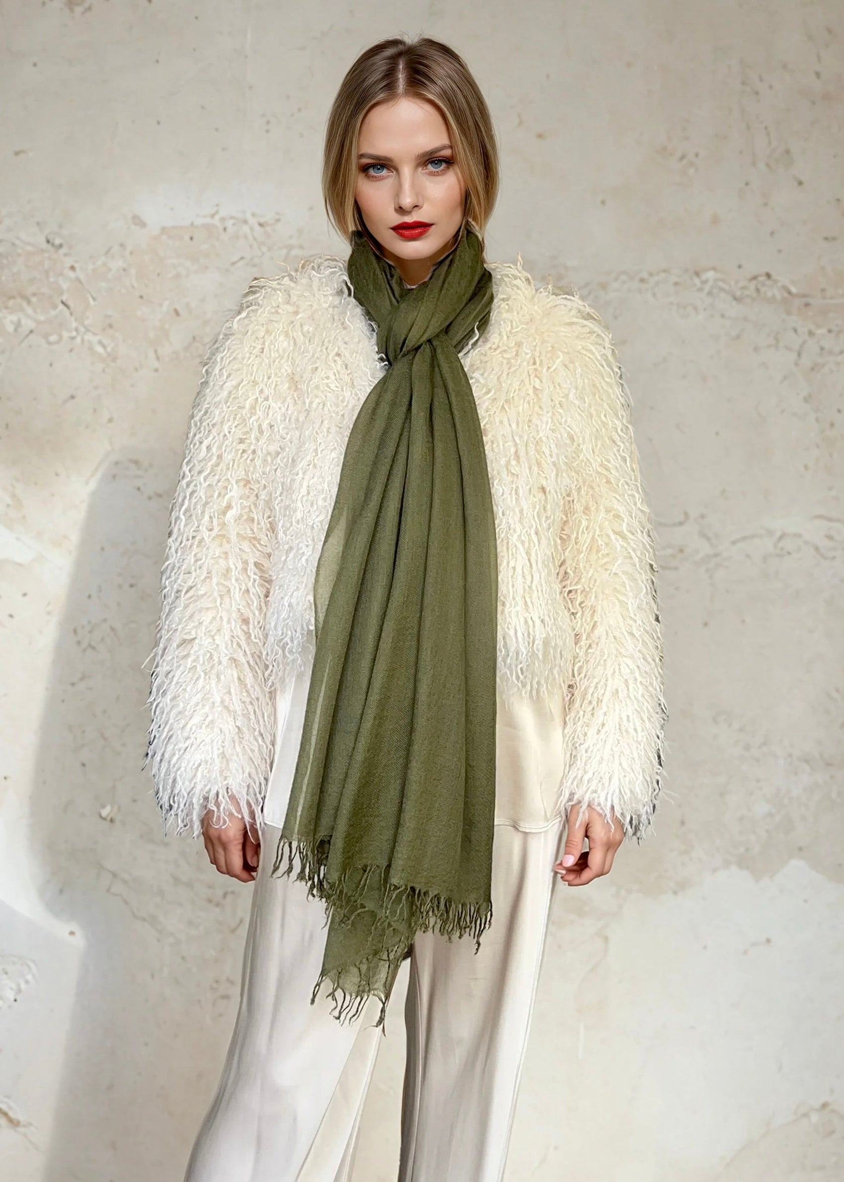 Olive Green Handloom Cashmere Wrap - Luxury Scarf | Cashmere Luxe