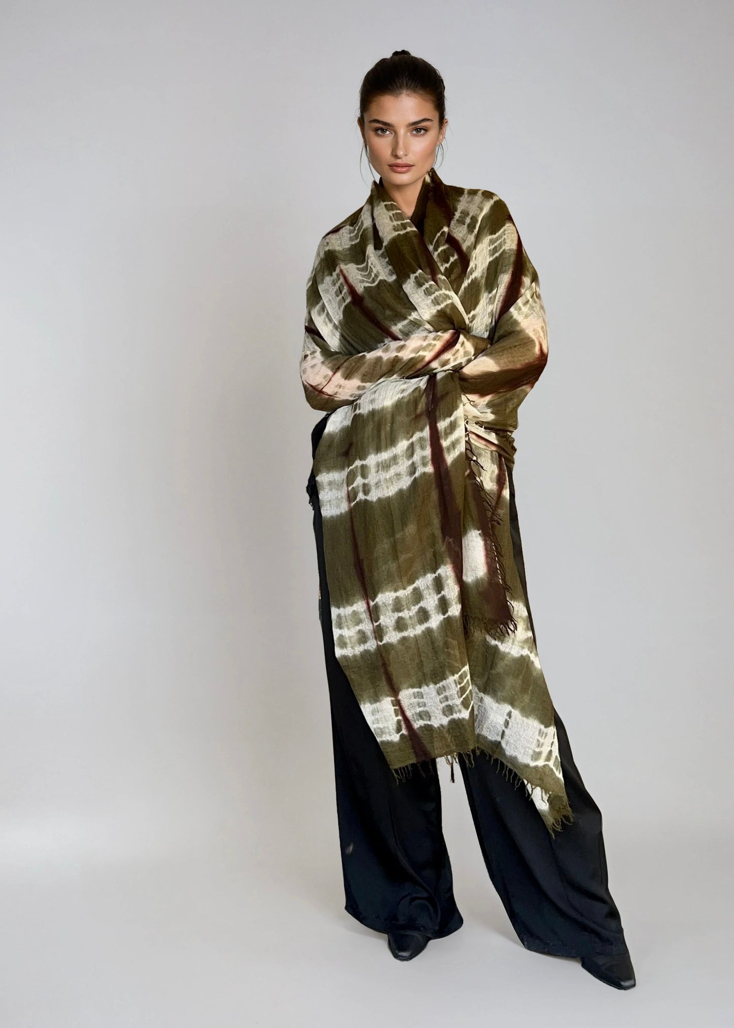 Forest Green, Brown & White Cashmere Wrap | Hand-loomed Luxury Scarf | Limited Edition