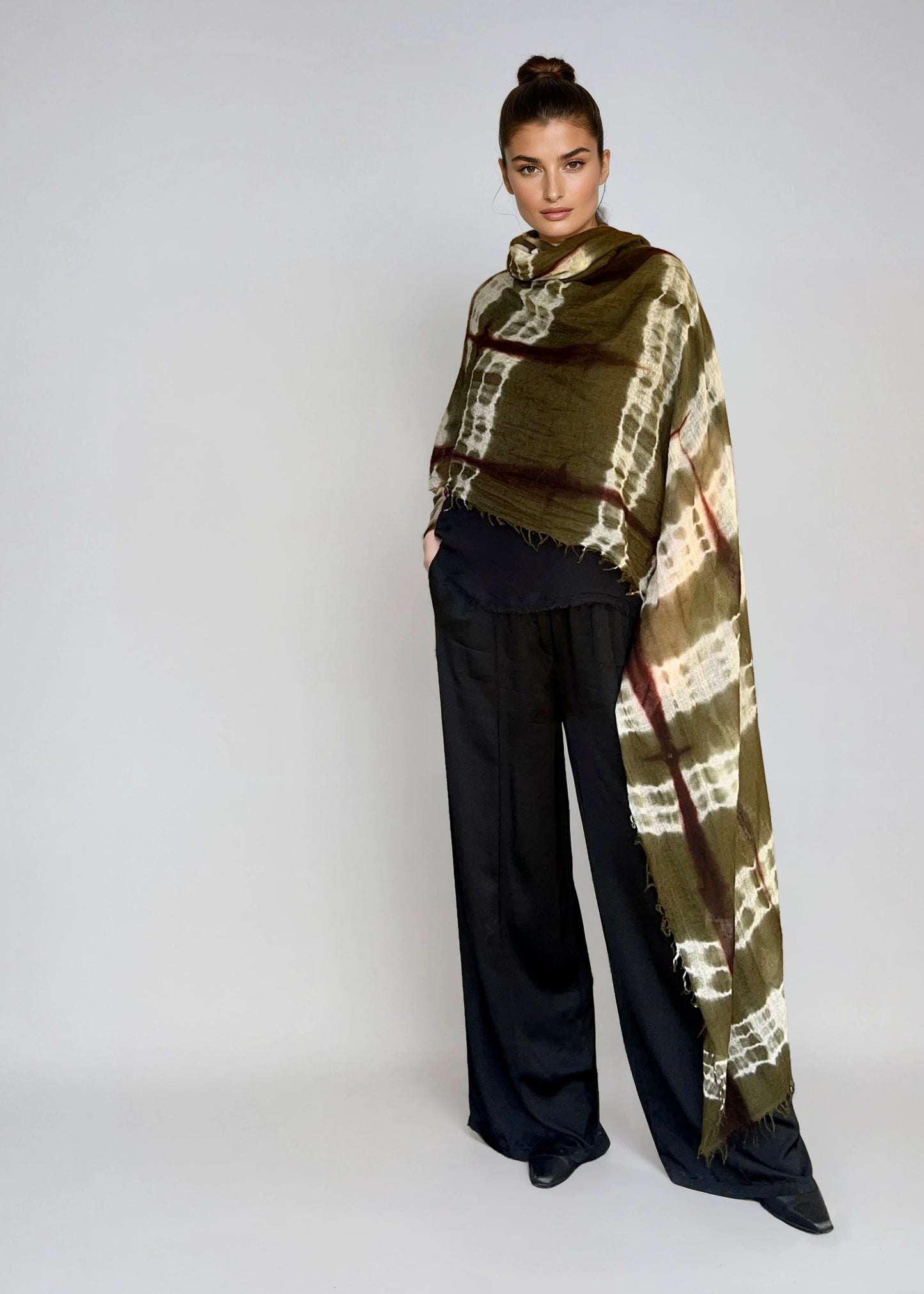 Forest Green, Brown & White Cashmere Wrap | Hand-loomed Luxury Scarf | Limited Edition