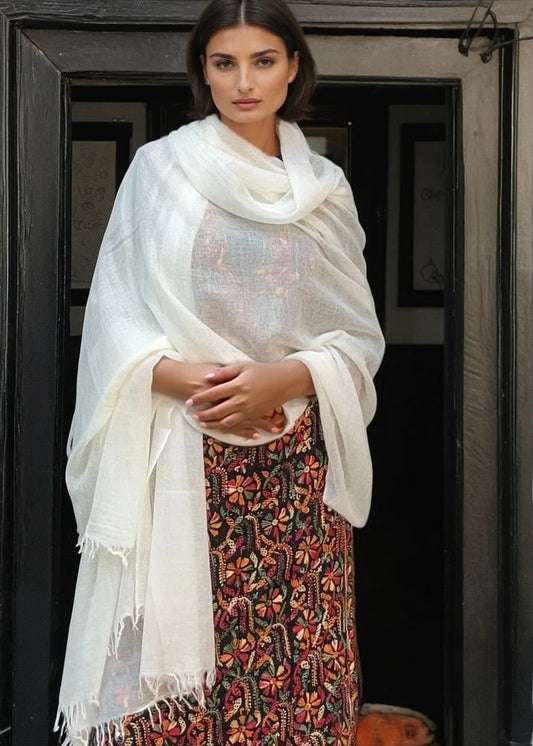 Premium White Pure Cashmere Wrap - Handwoven Himalayan Luxury Scarf
