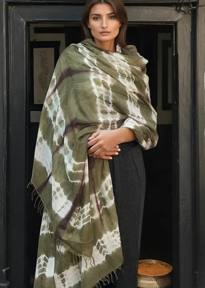 Forest Green, Brown & White Cashmere Wrap | Hand-loomed Luxury Scarf | Limited Edition