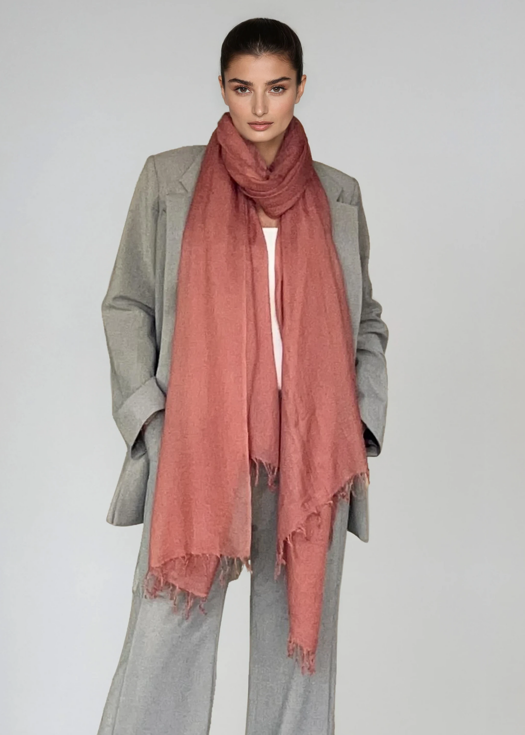 Extra-large burnt sienna cashmere wrap styled as elegant scarf