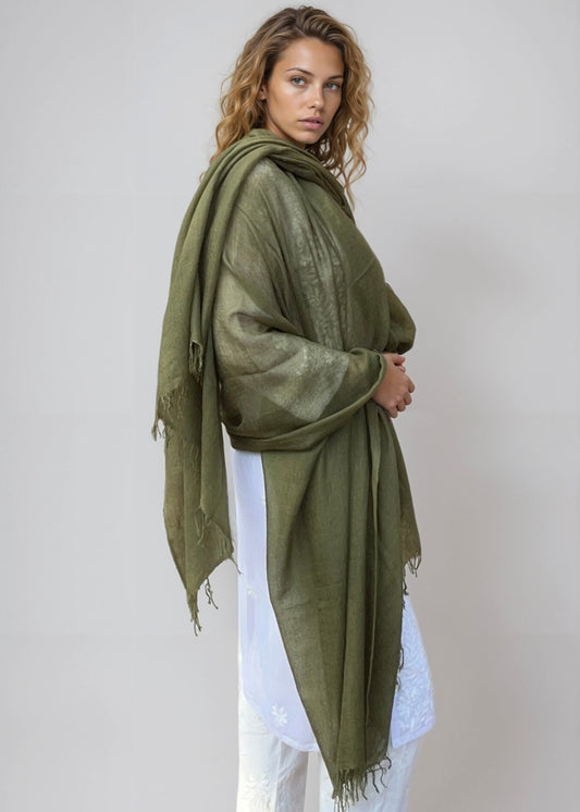 Olive Green Handloom Cashmere Wrap - Luxury Scarf | Cashmere Luxe