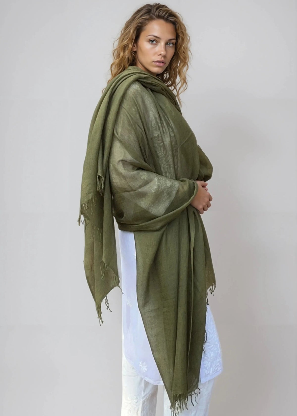 Olive Green Handwoven Cashmere Wrap | 100% Pure Himalayan Cashmere