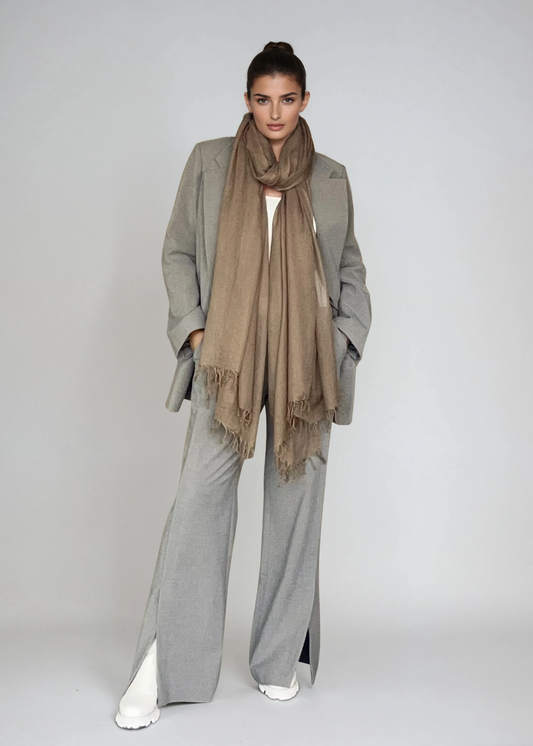 Model wearing biscotti handwoven cashmere  scarf