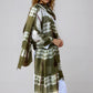 Multicolour cashmere wrap in forest green, brown and white draped as shawl