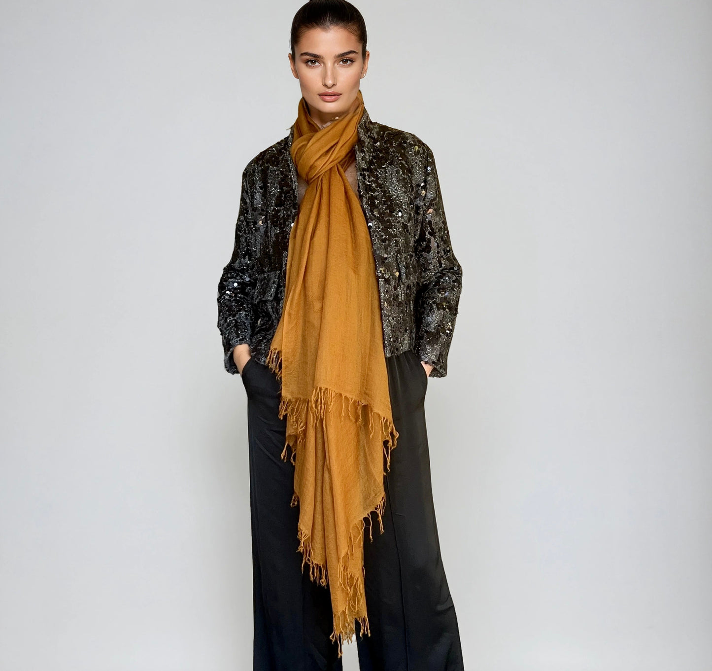Premium Burnt Bronze Handloom Cashmere Wrap - Luxury Designer Scarf