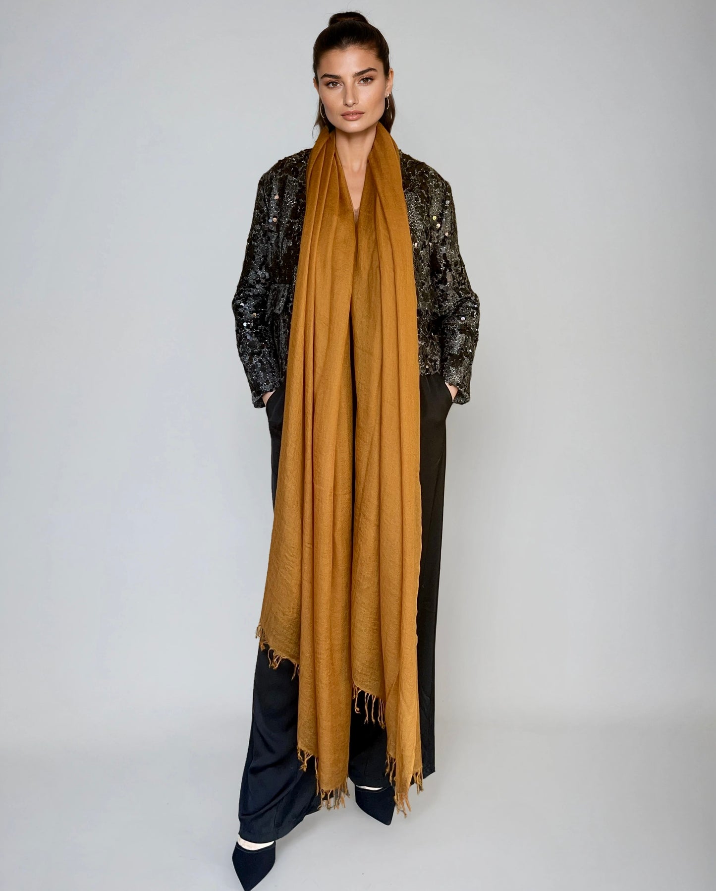 Premium Burnt Bronze Handloom Cashmere Wrap - Luxury Designer Scarf