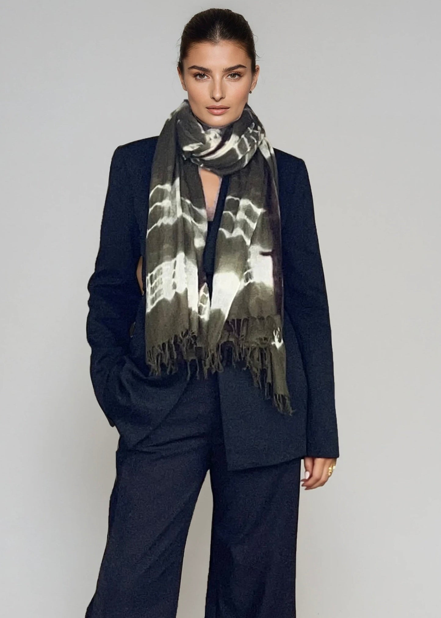 Forest Green, Brown & White Cashmere Wrap | Hand-loomed Luxury Scarf | Limited Edition