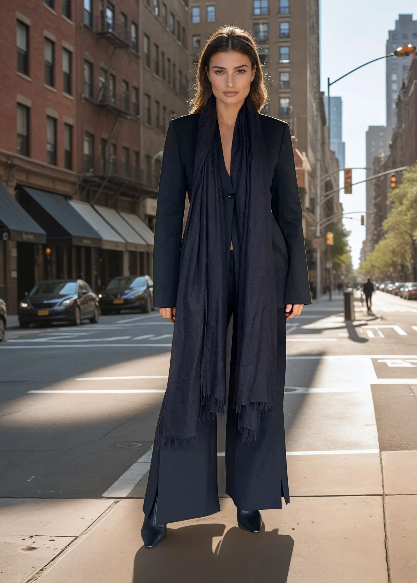 "Woman in city wearing black extra large cashmere shawl with tailored suit demonstrating luxury business styling"