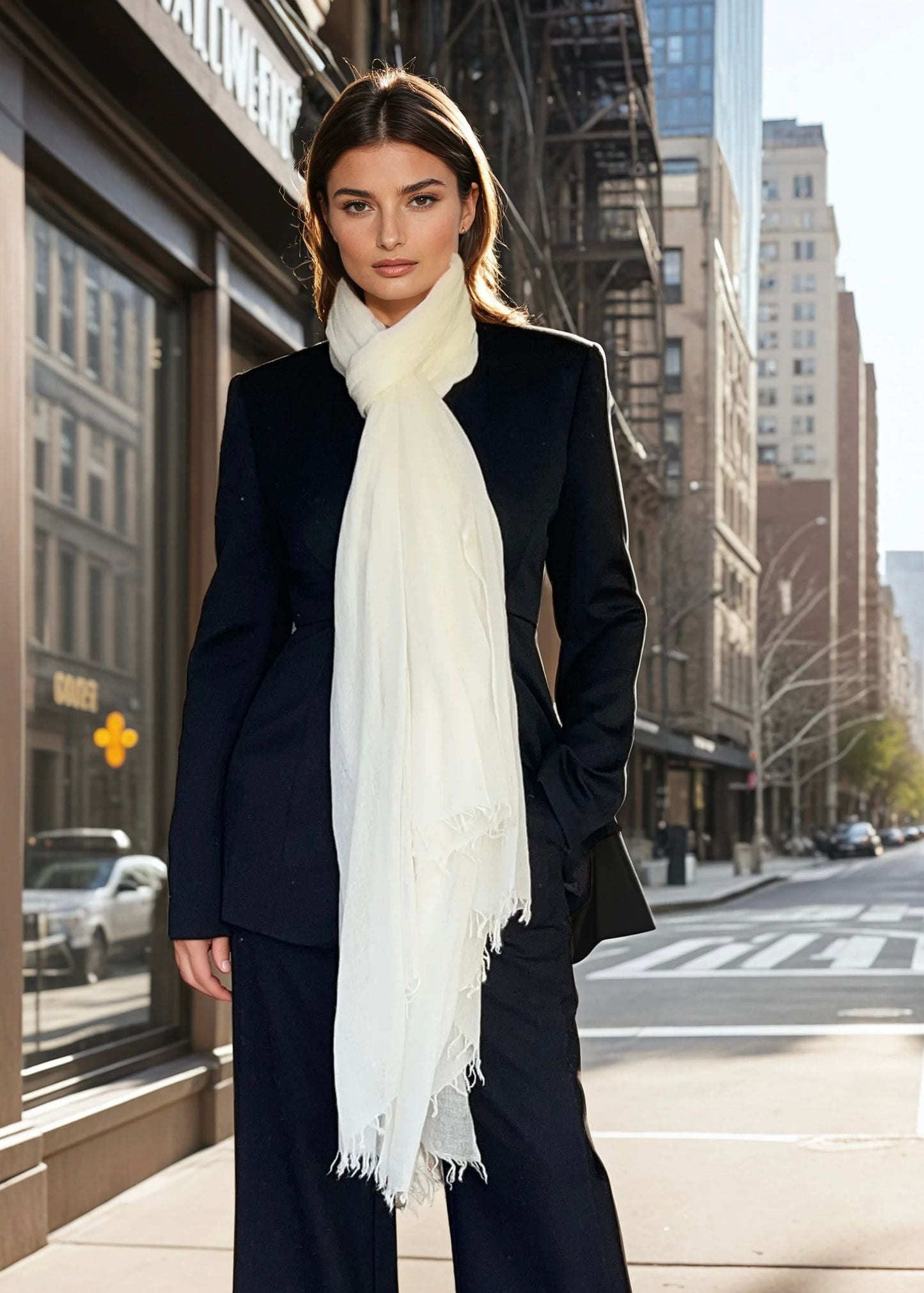 Woman wearing a extra large white cashmere scarf and dark suit on a city street.