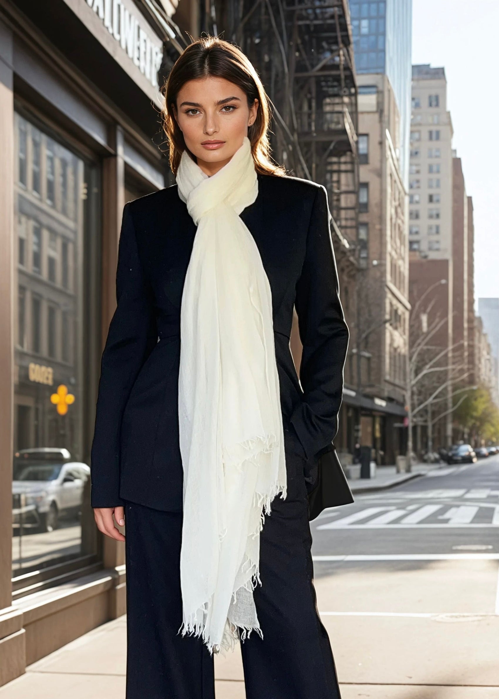 Woman wearing a extra large white cashmere scarf and dark suit on a city street.