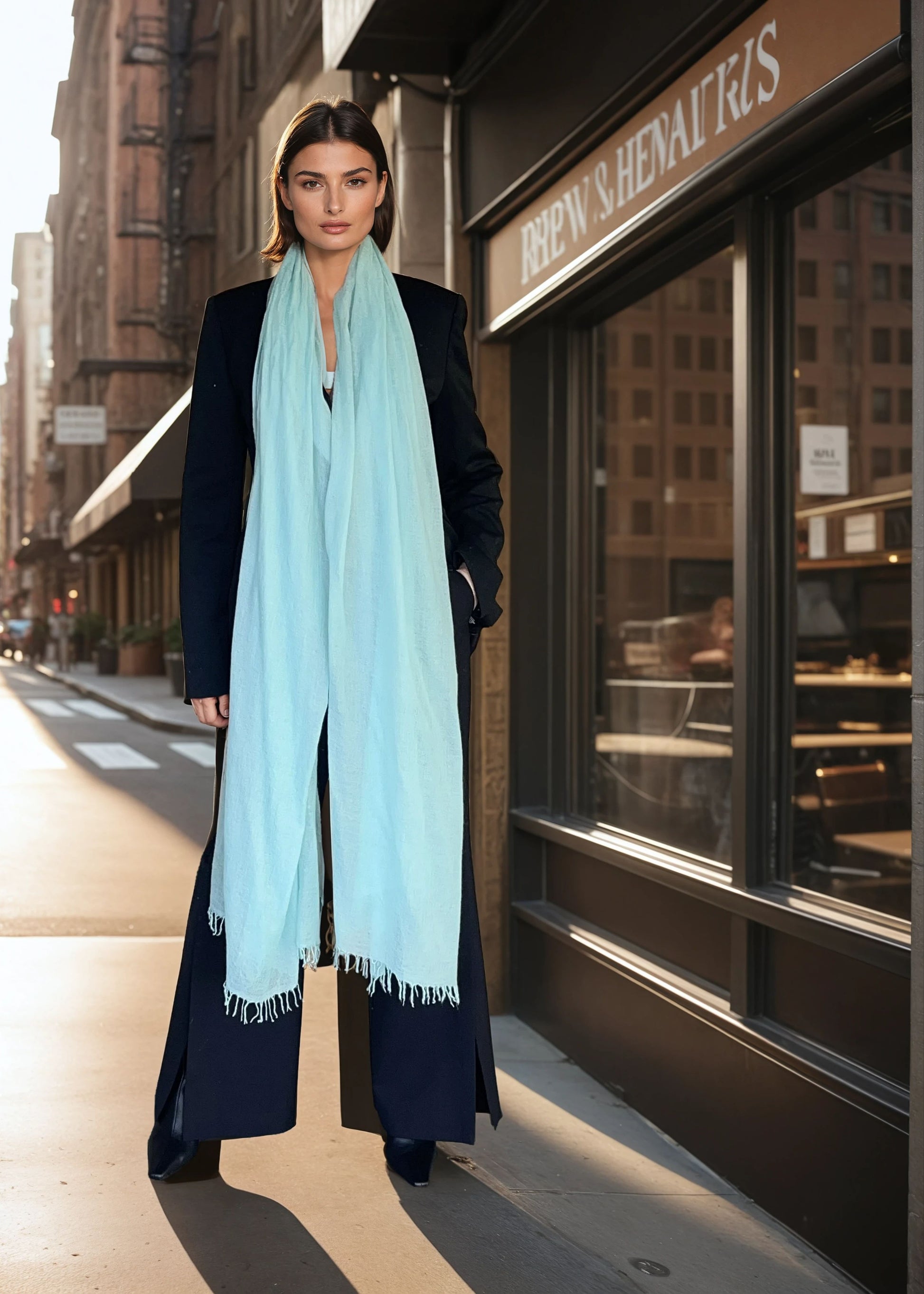 Woman wearing a extra large, cashmere opal blue shawl on a city street.