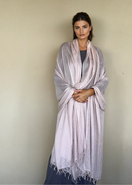 Lavender grey cashmere wrap draped as oversized luxury shawl